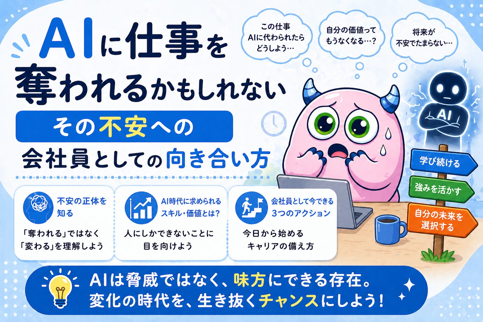 ニュースを見るたびに、そんな不安がよぎる。でも、具体的に何をすればいいのかわからないまま、モヤモヤだけが積み重なっていく。 この感覚は、今の時代を生きる会社員に広く共有されています。研究でも、AIへの意識が高まるほど「仕事が不安定になるかもしれない」という感覚が強まり、精神的な疲弊につながることが確認されています（参考文献※1） ただ、「不安を感じている」ことと、「本当に仕事がなくなる」ことは別の話です。 この記事では、AI不安の正体を整理し、飲み込まれずに向き合うための視点をお伝えします。