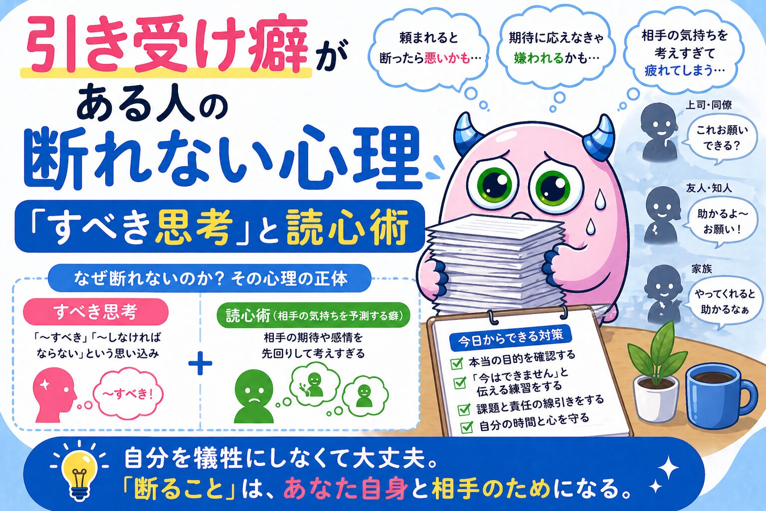 頼まれると反射的に「はい」と答えてしまう方へ。この記事では断れない癖を性格ではなく思考の歪みとして捉え直し、「すべき思考」と読心術が引き受け癖を作る仕組み、抜け出すための3ステップを解説します。