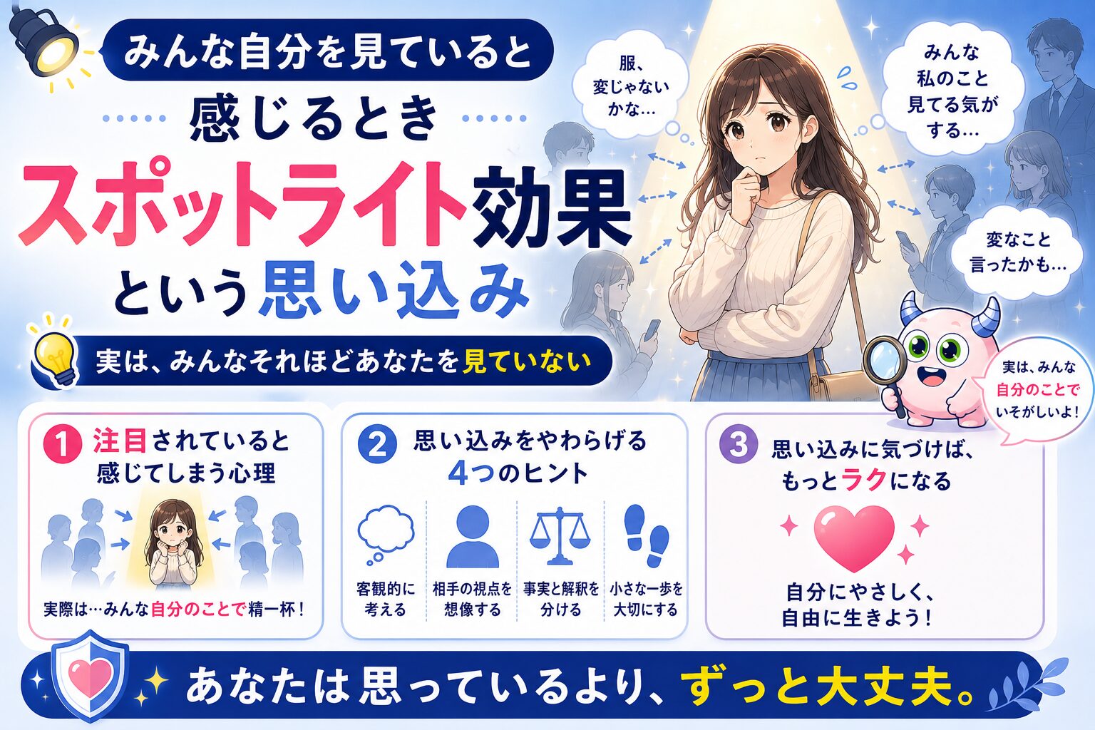 みんな自分を見ていると感じるとき｜スポットライト効果という思い込み