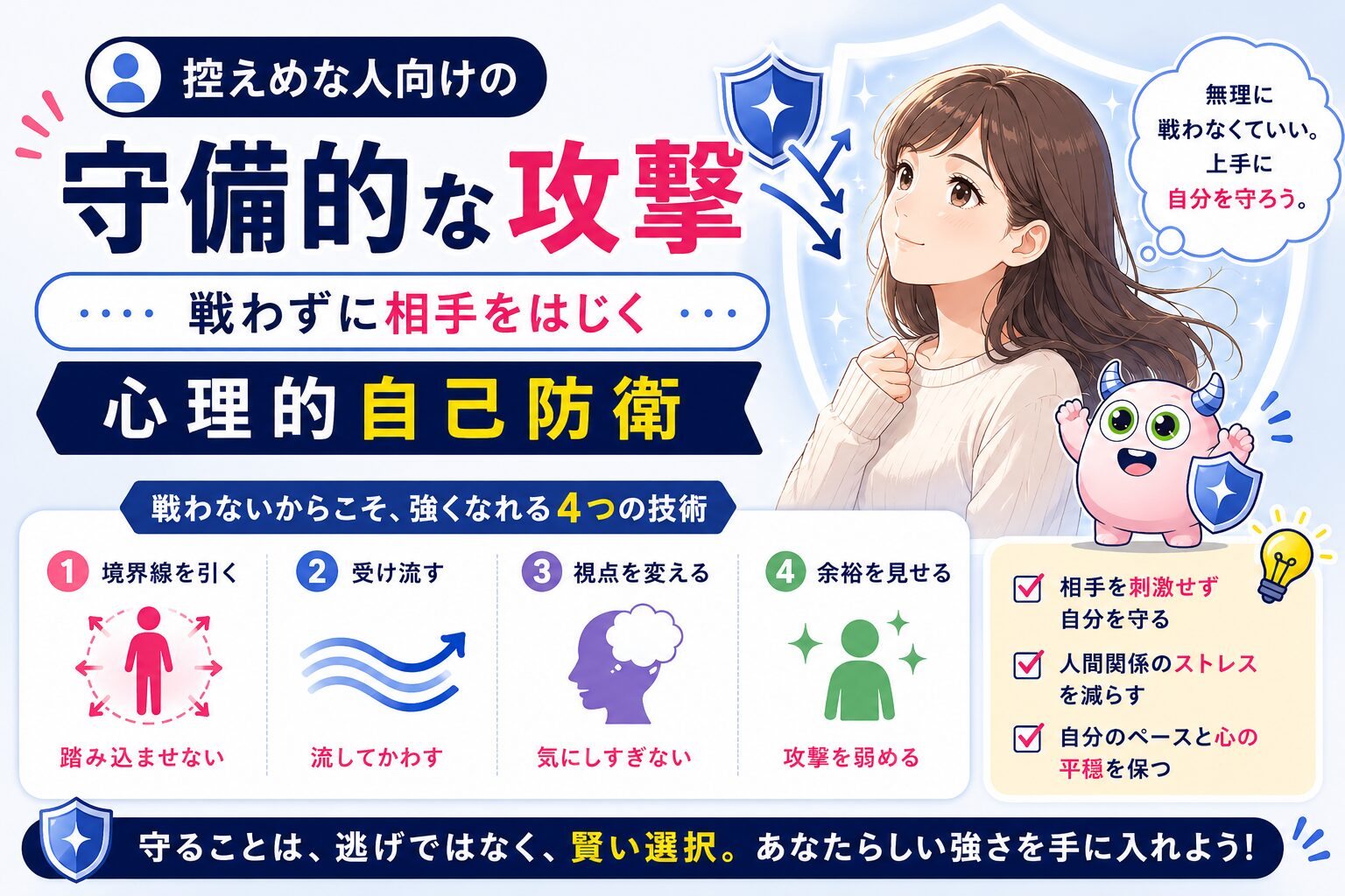 控えめな人向けの守備的な攻撃法｜戦わずに相手をはじく心理的自己防衛